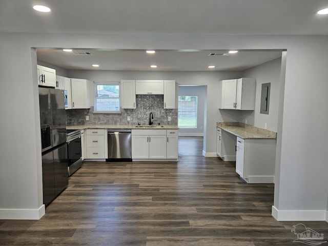 kitchen with sink, plenty of natural light, dark hardwood / wood-style floors, and stainless steel appliances