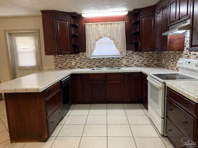 kitchen with white range with electric cooktop, black dishwasher, sink, tile counters, and kitchen peninsula