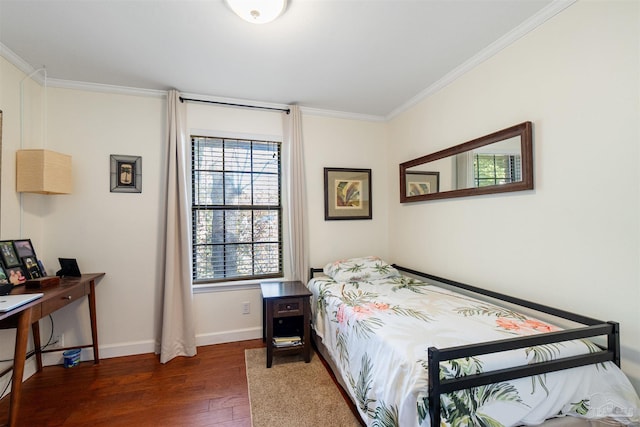 bedroom with dark hardwood / wood-style flooring and ornamental molding