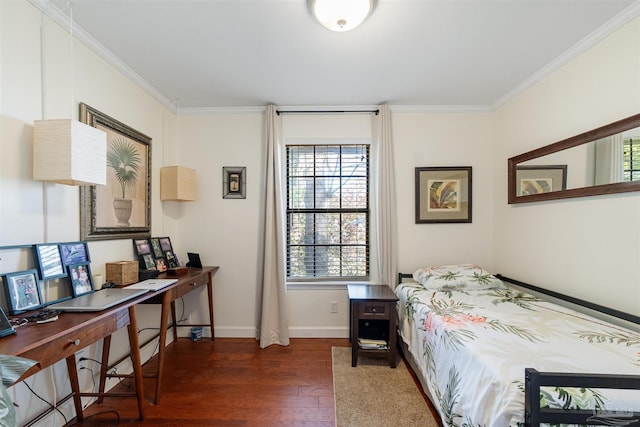 bedroom featuring dark wood-type flooring and crown molding