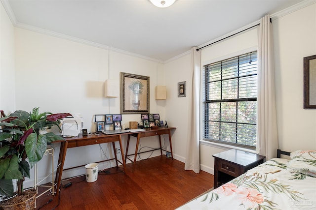 bedroom with crown molding, dark hardwood / wood-style flooring, and multiple windows