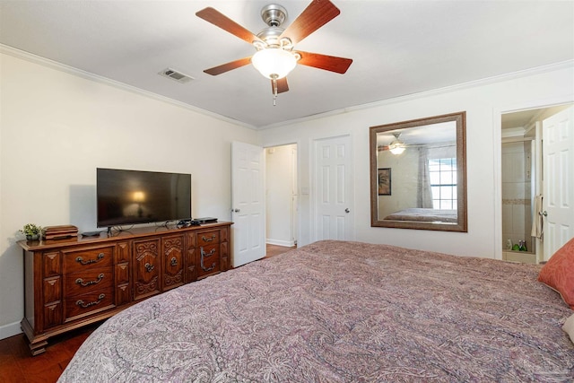 bedroom with ornamental molding, ceiling fan, and ensuite bath