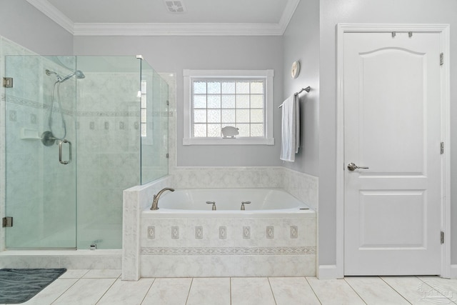 bathroom featuring tile patterned flooring, crown molding, and independent shower and bath