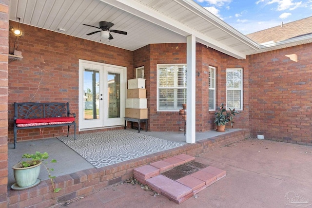 view of patio with ceiling fan and french doors