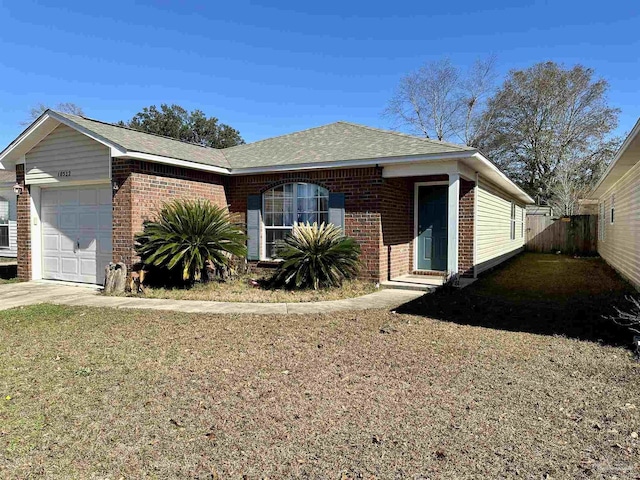 view of front facade with brick siding, an attached garage, fence, and a shingled roof