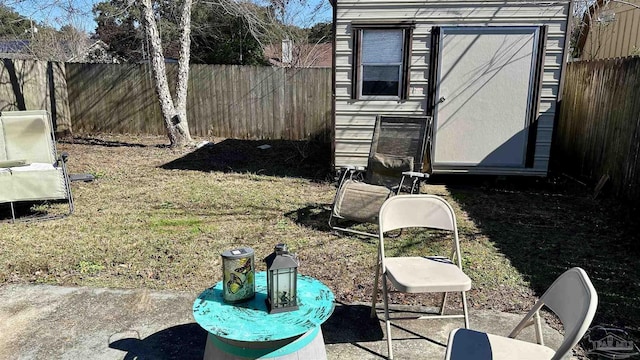 view of yard with a shed, an outdoor structure, and a patio area