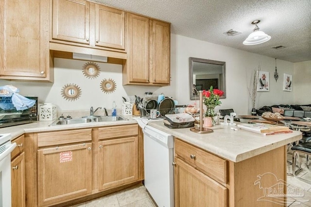 kitchen with light brown cabinetry, a textured ceiling, sink, white dishwasher, and kitchen peninsula