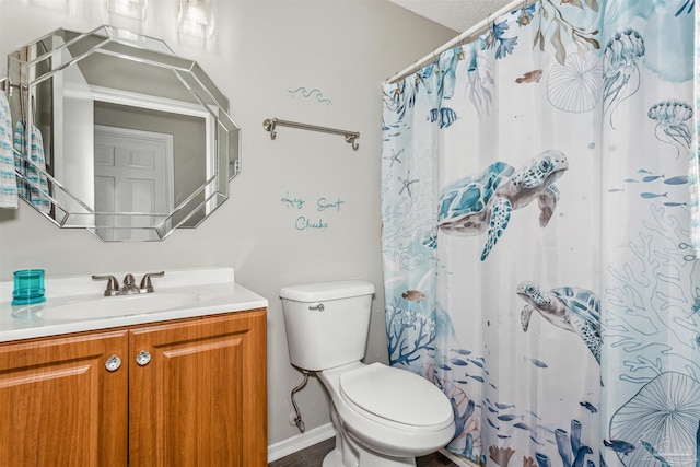 bathroom with vanity, a shower with shower curtain, a textured ceiling, and toilet