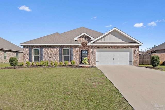 ranch-style house featuring driveway, a front lawn, board and batten siding, a garage, and brick siding