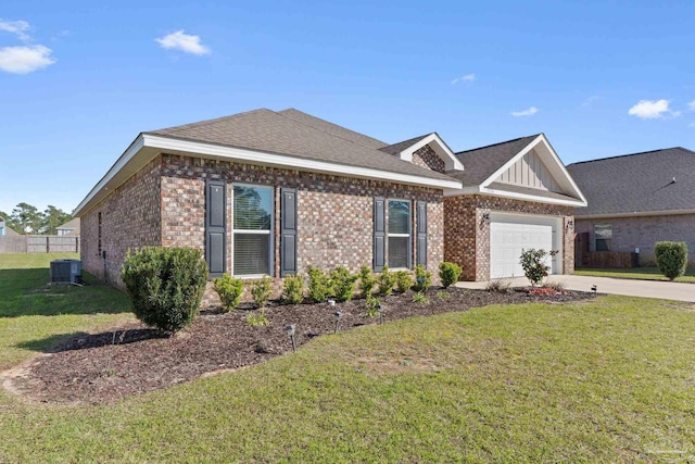 view of front facade with brick siding, an attached garage, driveway, and a front lawn