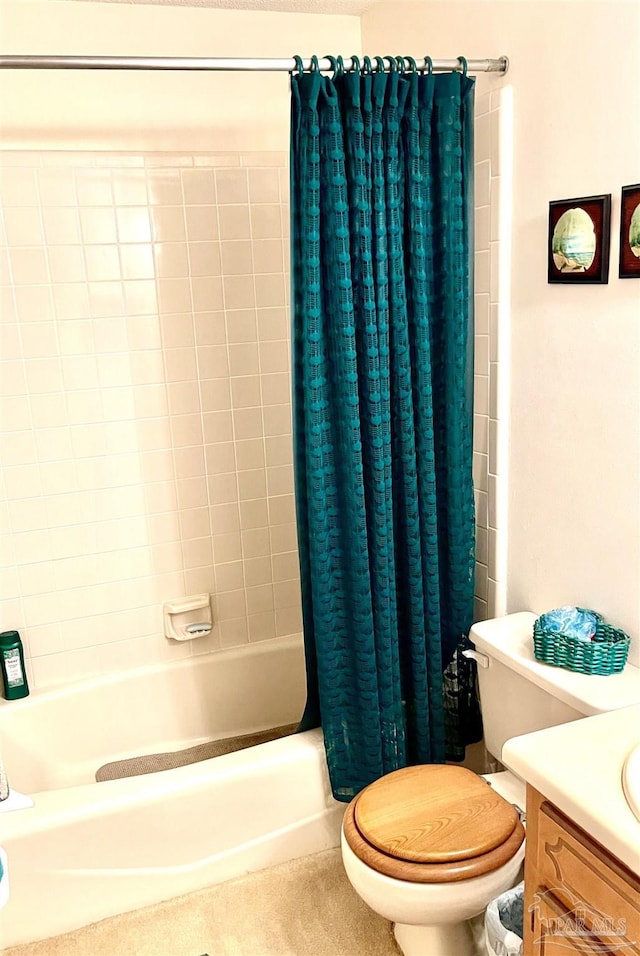 full bathroom with vanity, toilet, and shower / bathtub combination with curtain