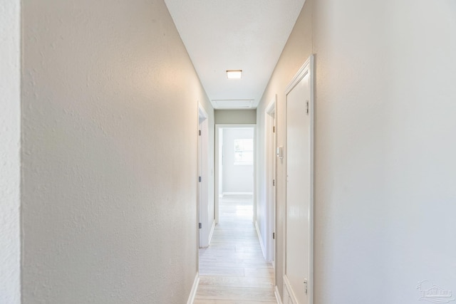 hall featuring baseboards, light wood finished floors, and a textured wall