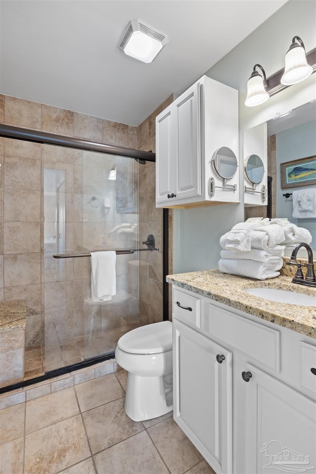 full bathroom featuring visible vents, a shower stall, toilet, tile patterned floors, and vanity