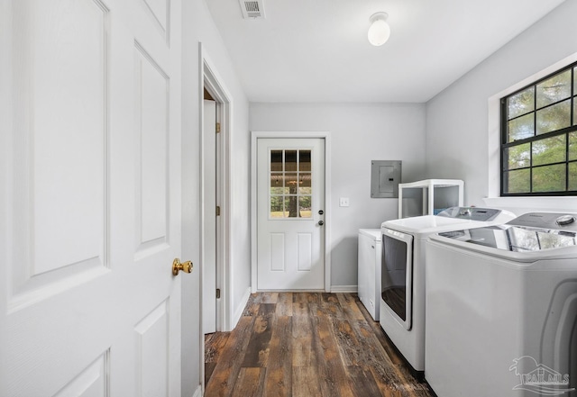 laundry area with washing machine and clothes dryer, visible vents, electric panel, laundry area, and dark wood-style floors