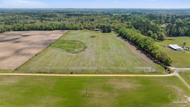 bird's eye view featuring a wooded view and a rural view