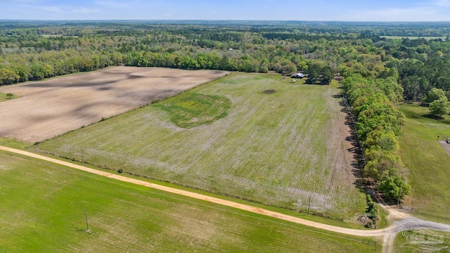 bird's eye view featuring a view of trees and a rural view