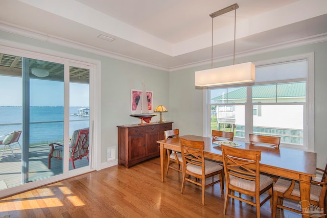 dining space featuring a water view, light hardwood / wood-style floors, a raised ceiling, and ornamental molding