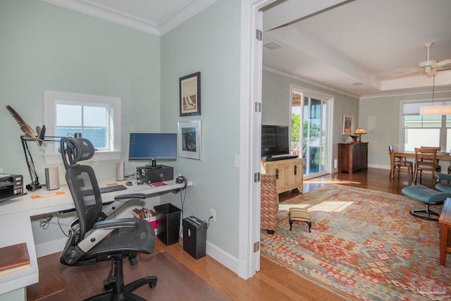 office area featuring crown molding, hardwood / wood-style floors, and plenty of natural light