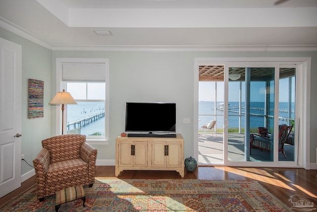 living room featuring ornamental molding, hardwood / wood-style flooring, and a wealth of natural light