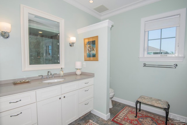 bathroom featuring a shower with door, toilet, ornamental molding, and vanity