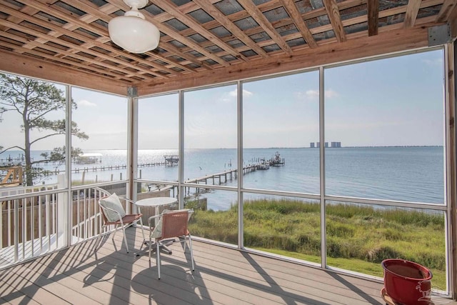 sunroom / solarium with a water view