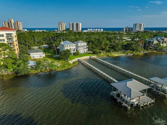 birds eye view of property with a water view