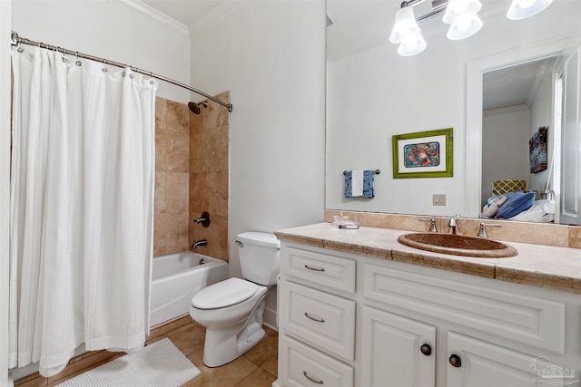 full bathroom featuring vanity, toilet, ornamental molding, shower / bathtub combination with curtain, and tile patterned flooring