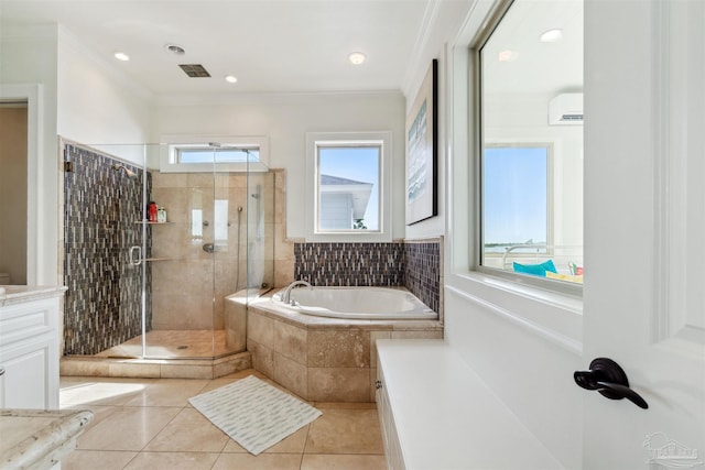 bathroom with crown molding, vanity, separate shower and tub, and tile patterned floors