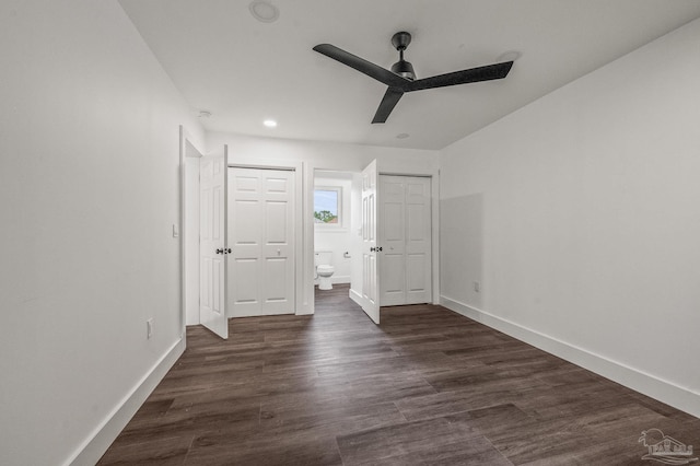 4732 Pine Ln, Pace, FL 32571 - unfurnished bedroom with ensuite bath, recessed lighting, dark wood-type flooring, and ceiling fan
