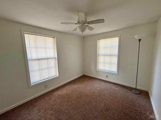 spare room featuring carpet, ceiling fan, and plenty of natural light