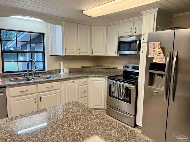 kitchen featuring appliances with stainless steel finishes, sink, wood ceiling, and white cabinets