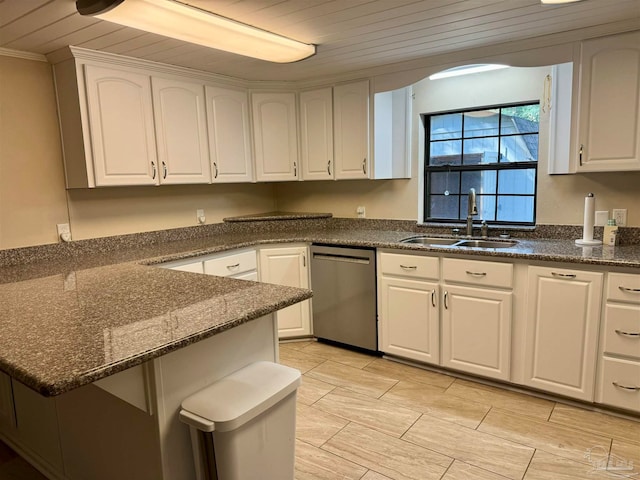 kitchen featuring wooden ceiling, white cabinetry, sink, and dishwasher