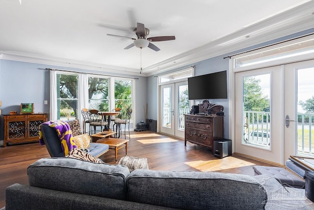 living room featuring french doors, plenty of natural light, and light hardwood / wood-style flooring