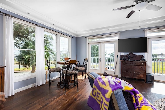 interior space with french doors, crown molding, plenty of natural light, and dark wood-type flooring