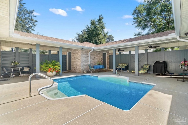 view of pool featuring a patio area and ceiling fan