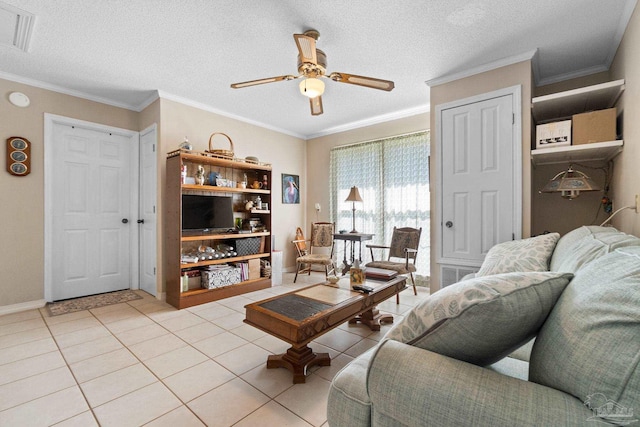 tiled living room featuring crown molding, a textured ceiling, and ceiling fan