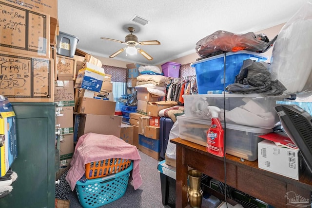 storage area featuring ceiling fan