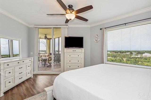 bedroom with crown molding, access to outside, ceiling fan, and dark hardwood / wood-style flooring