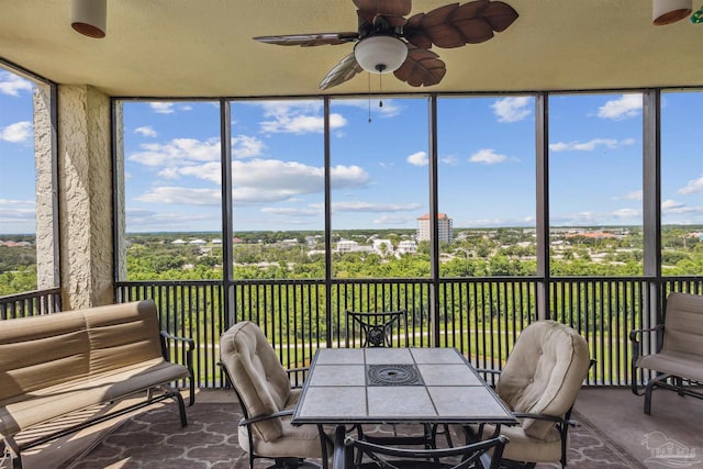 sunroom featuring ceiling fan