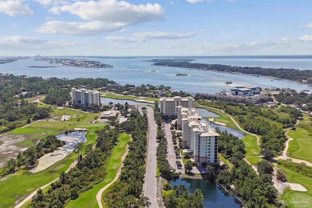 drone / aerial view with a water view