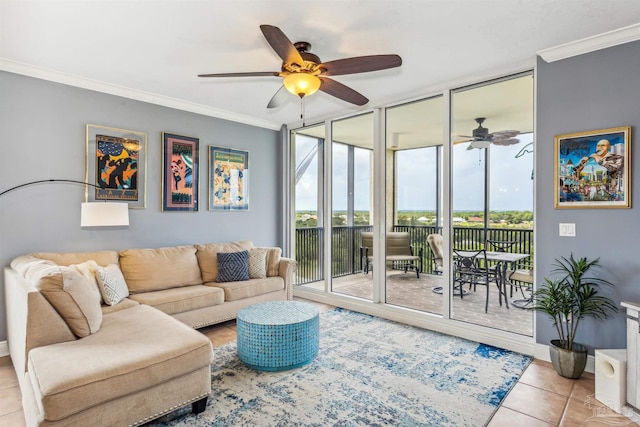 living room featuring light tile patterned floors, ornamental molding, floor to ceiling windows, and ceiling fan