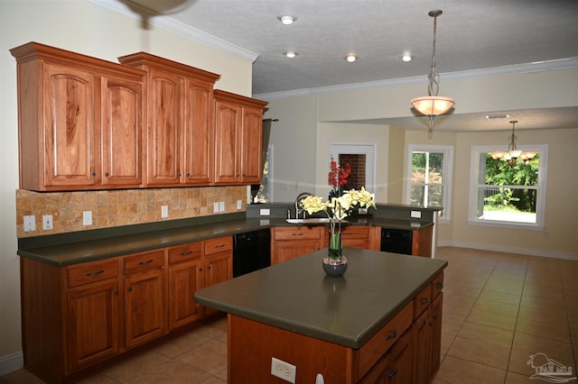 kitchen with light tile patterned floors, kitchen peninsula, backsplash, dishwasher, and a kitchen island