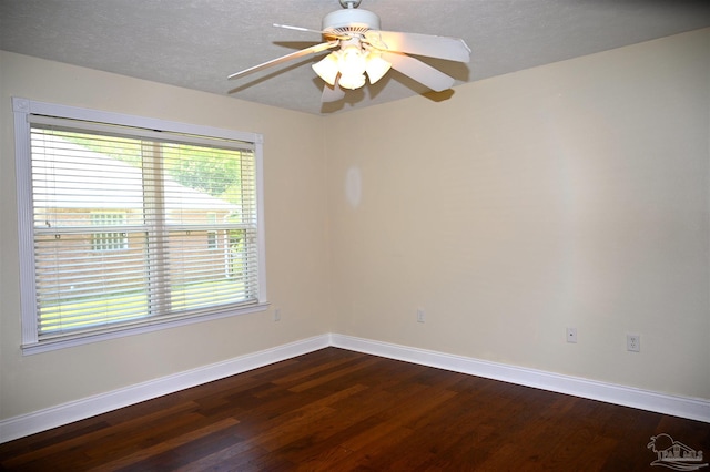 unfurnished room with a textured ceiling, ceiling fan, and hardwood / wood-style floors