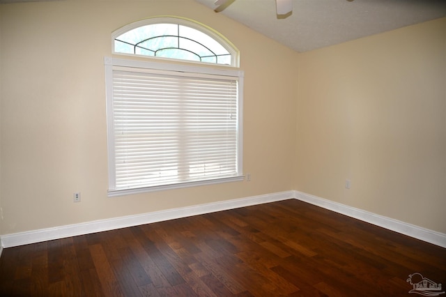 spare room featuring lofted ceiling, hardwood / wood-style floors, and ceiling fan