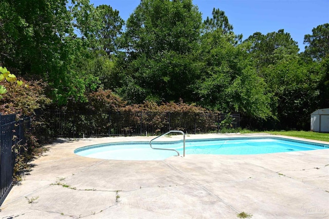 view of pool with a patio area and a storage unit