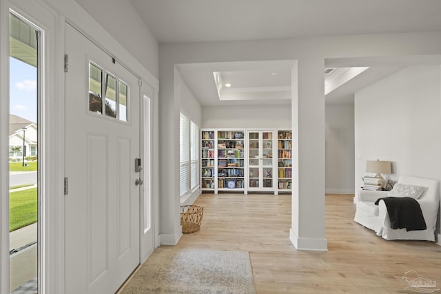 5534 Blake Ln, Pace, FL 32571 - foyer entrance featuring baseboards, light wood finished floors, a raised ceiling, and recessed lighting