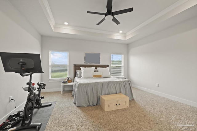 5534 Blake Ln, Pace, FL 32571 - carpeted bedroom featuring recessed lighting, ornamental molding, baseboards, a tray ceiling, and ceiling fan