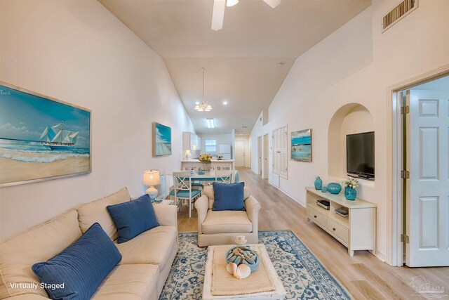 7101 Joy St Unit D5, Pensacola, FL 32504 - living area featuring light wood-type flooring, ceiling fan, and high vaulted ceiling