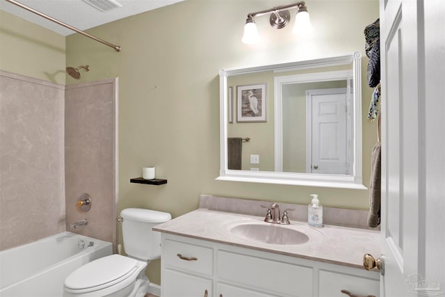 full bathroom featuring  shower combination, toilet, vanity, and a textured ceiling