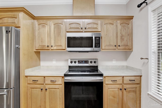 kitchen featuring crown molding, appliances with stainless steel finishes, and light brown cabinets